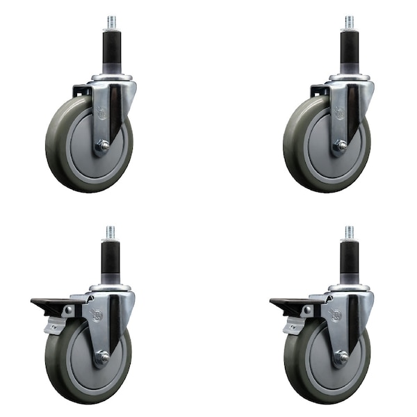 5'' Gray Poly Wheel Swivel 1-1/8'' Expanding Stem Caster Set 2 Brakes, 4PK